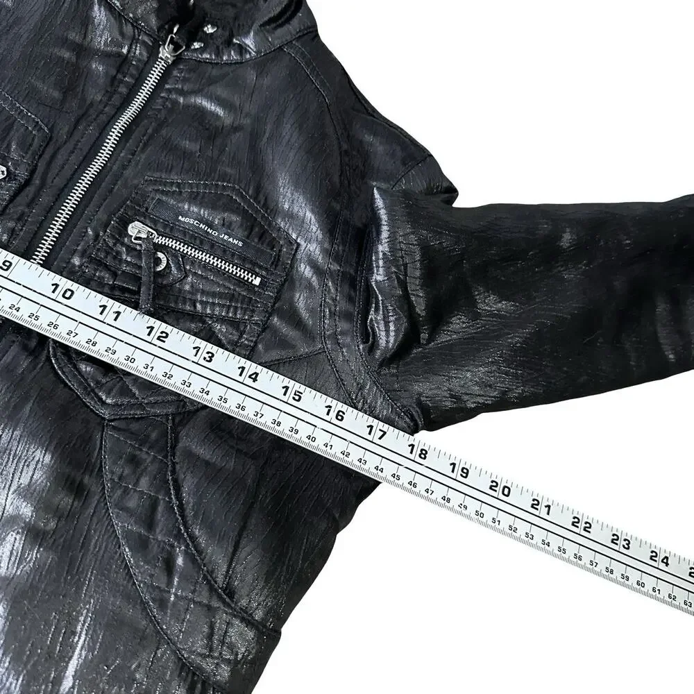 Moschino Jeans Moto Jacket Women's 6 Black Shiny Textured Wool Blend‎ Italy Zip